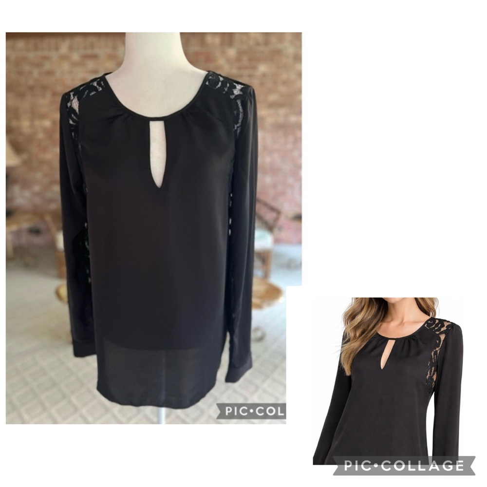 Venus Tunic Top Black Lace Long Sleeve Keyhole Chiffon S Dressy Elegant